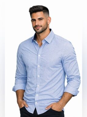 Nine West Light Blue Microdot Dress Shirt with Navy Contrast dress shirt